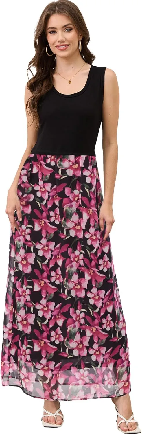 Moss Rose Women's Summer Dress Sleeveless Maxi Dresses Empire Waist Floral Print Casual Long Dress