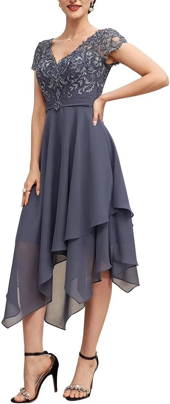 Mother of The Bride Dresses for Wedding Lace Appliques Formal Dress for Women Chiffon Asymmetrica Party Gowns RO68