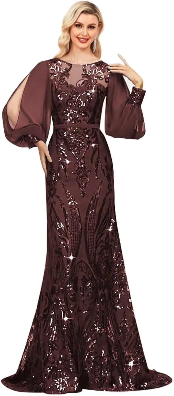 MYDRESS Sequin Mother of The Bride Dress for Wedding Long Sleeve Mermaid Formal Prom Dress
