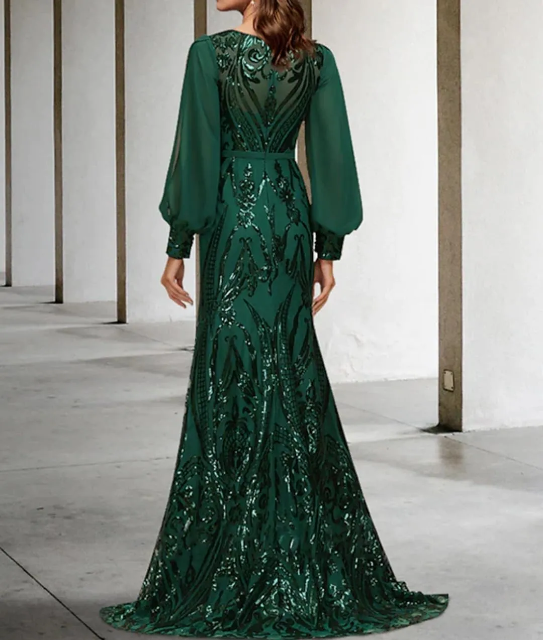 MYDRESS Sequin Mother of The Bride Dress for Wedding Long Sleeve Mermaid Formal Prom Dress