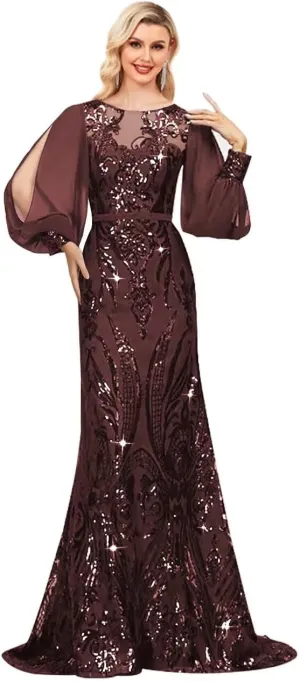 MYDRESS Sequin Mother of The Bride Dress for Wedding Long Sleeve Mermaid Formal Prom Dress