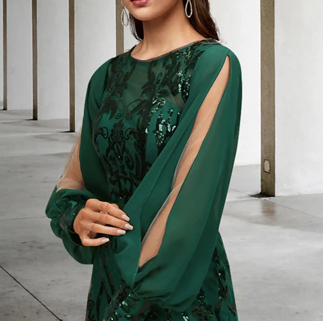 MYDRESS Sequin Mother of The Bride Dress for Wedding Long Sleeve Mermaid Formal Prom Dress