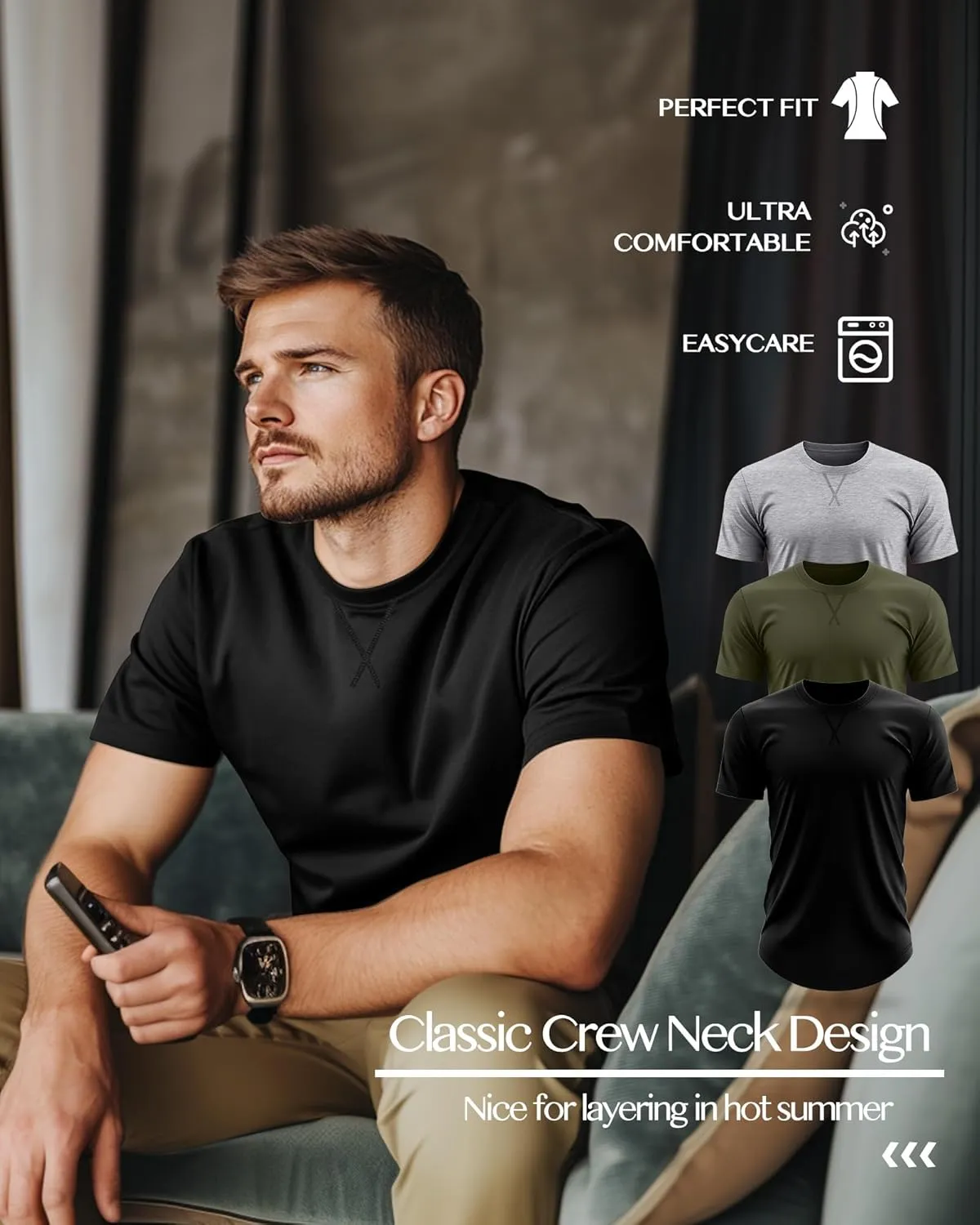 Neer 3 Pack Men's Big and Tall T-Shirts Cotton Short Sleeve Crewneck Plus Size Tee Shirts Hipster Longline Tops
