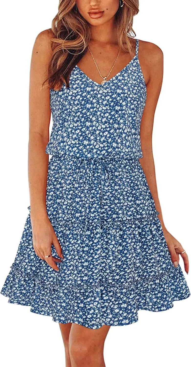 Newshows Women's 2025 Summer Dress Spaghetti Strap Casual Boho Beach Vacation Outfits Drawstring Ruffle Hem Sundress Trendy