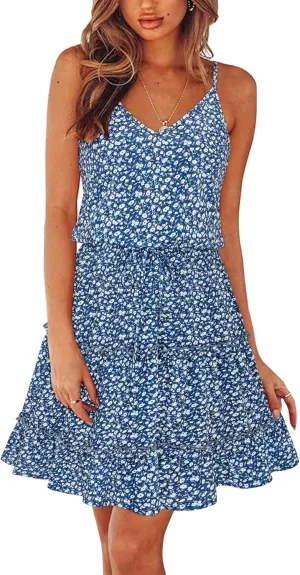 Newshows Women's 2025 Summer Dress Spaghetti Strap Casual Boho Beach Vacation Outfits Drawstring Ruffle Hem Sundress Trendy