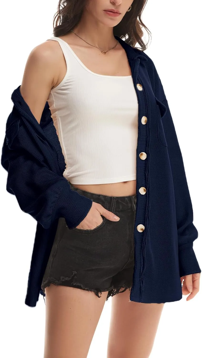 Nirovien Womens Waffle Knit Shacket Oversized Button Down Shirt Jacket Lightweight Spring Outfits Clothes