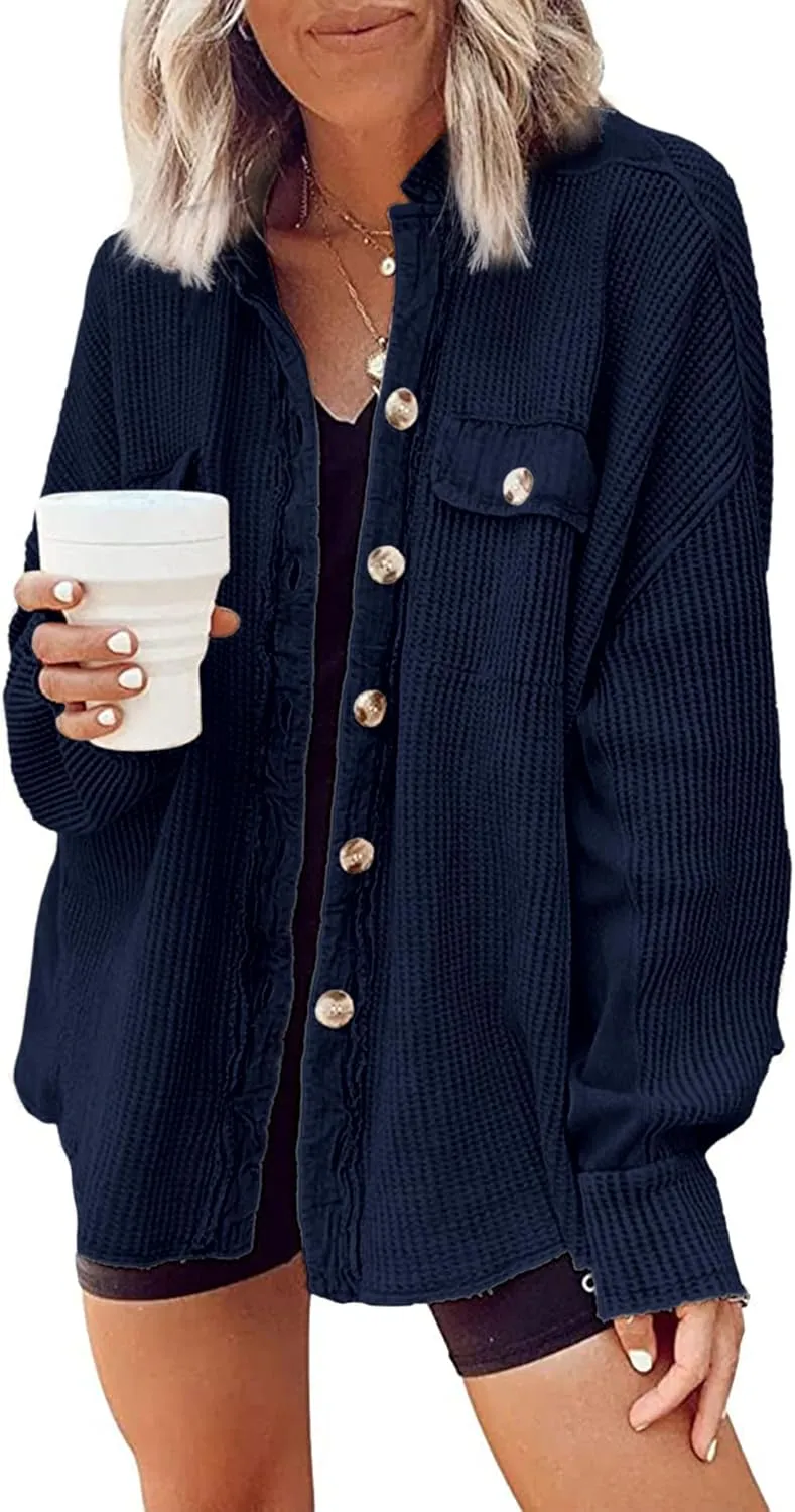 Nirovien Womens Waffle Knit Shacket Oversized Button Down Shirt Jacket Lightweight Spring Outfits Clothes
