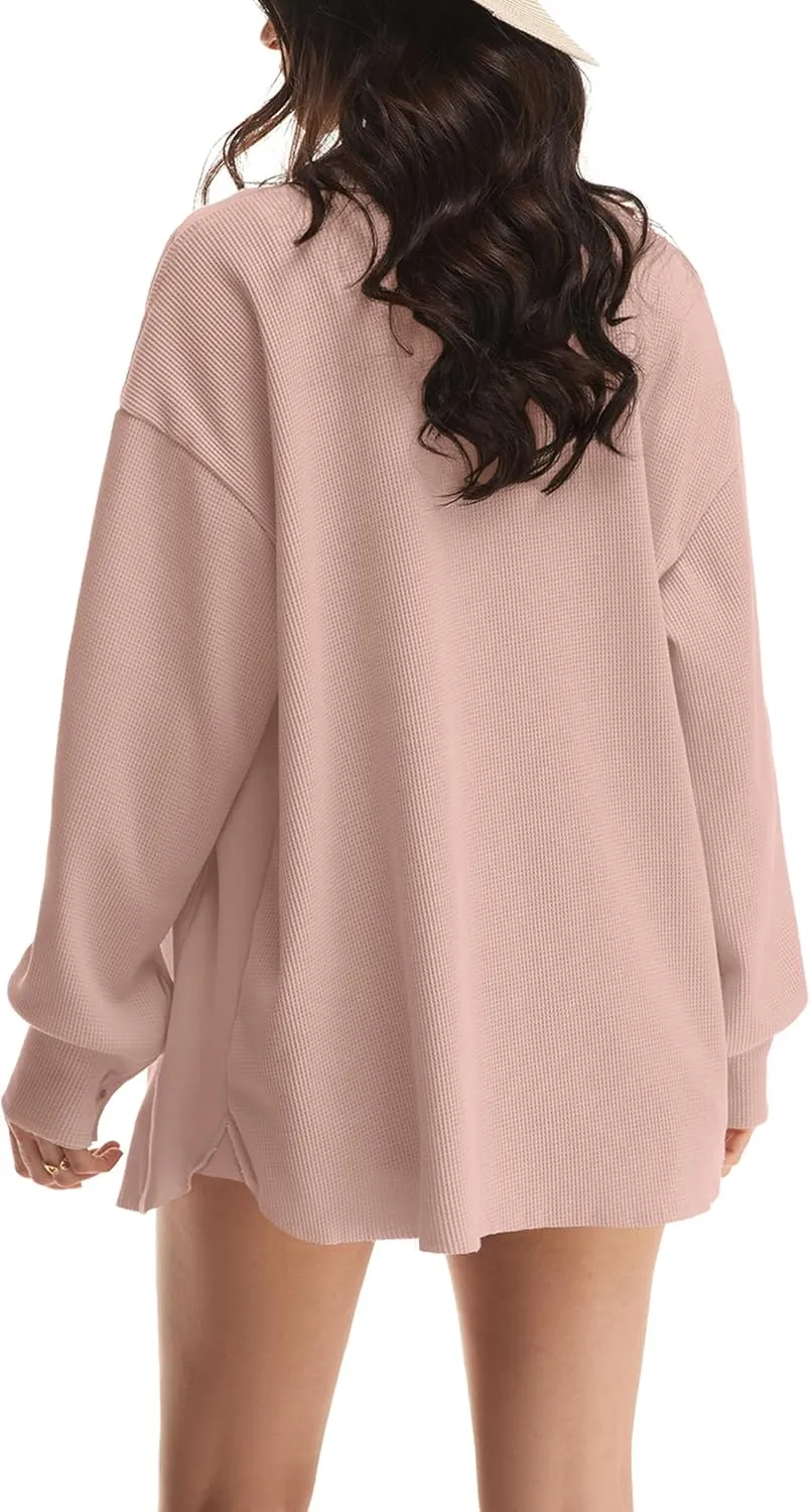 Nirovien Womens Waffle Knit Shacket Oversized Button Down Shirt Jacket Lightweight Spring Outfits Clothes