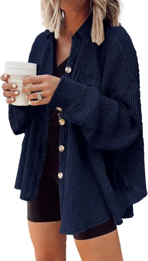 Nirovien Womens Waffle Knit Shacket Oversized Button Down Shirt Jacket Lightweight Spring Outfits Clothes