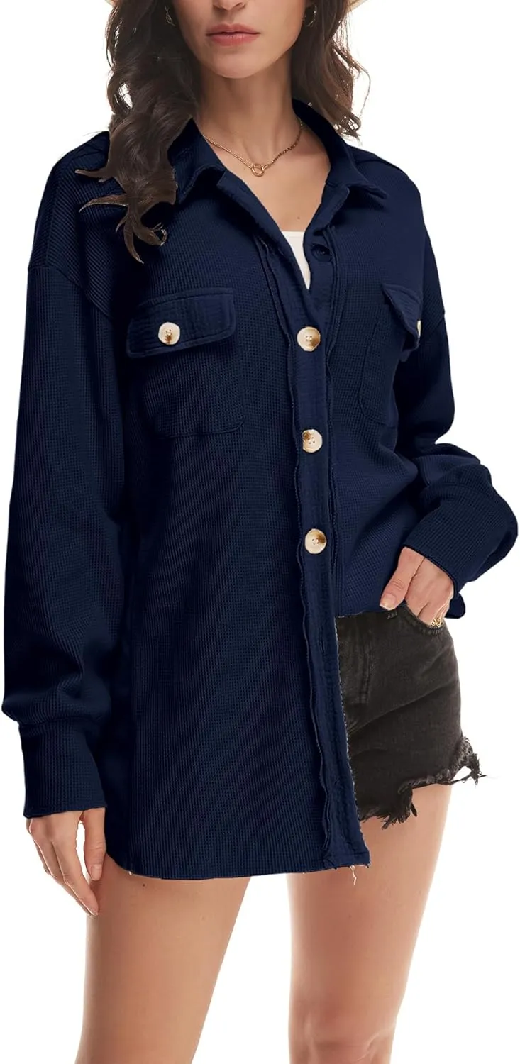 Nirovien Womens Waffle Knit Shacket Oversized Button Down Shirt Jacket Lightweight Spring Outfits Clothes