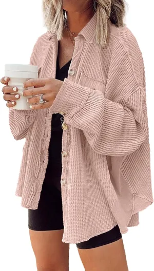 Nirovien Womens Waffle Knit Shacket Oversized Button Down Shirt Jacket Lightweight Spring Outfits Clothes