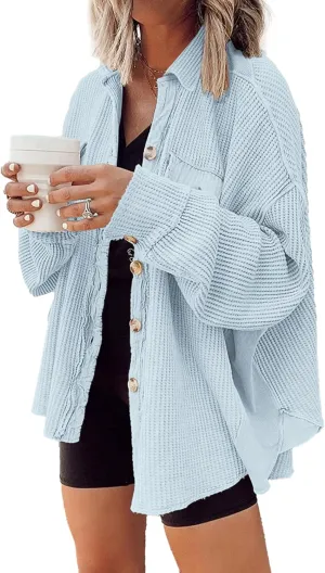 Nirovien Womens Waffle Knit Shacket Oversized Button Down Shirt Jacket Lightweight Spring Outfits Clothes