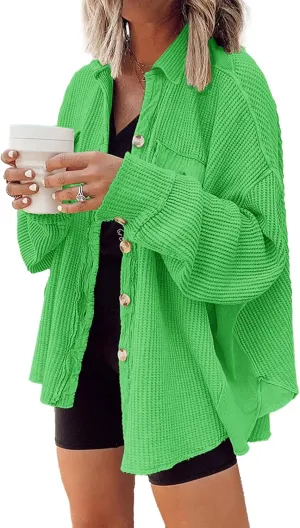 Nirovien Womens Waffle Knit Shacket Oversized Button Down Shirt Jacket Lightweight Spring Outfits Clothes