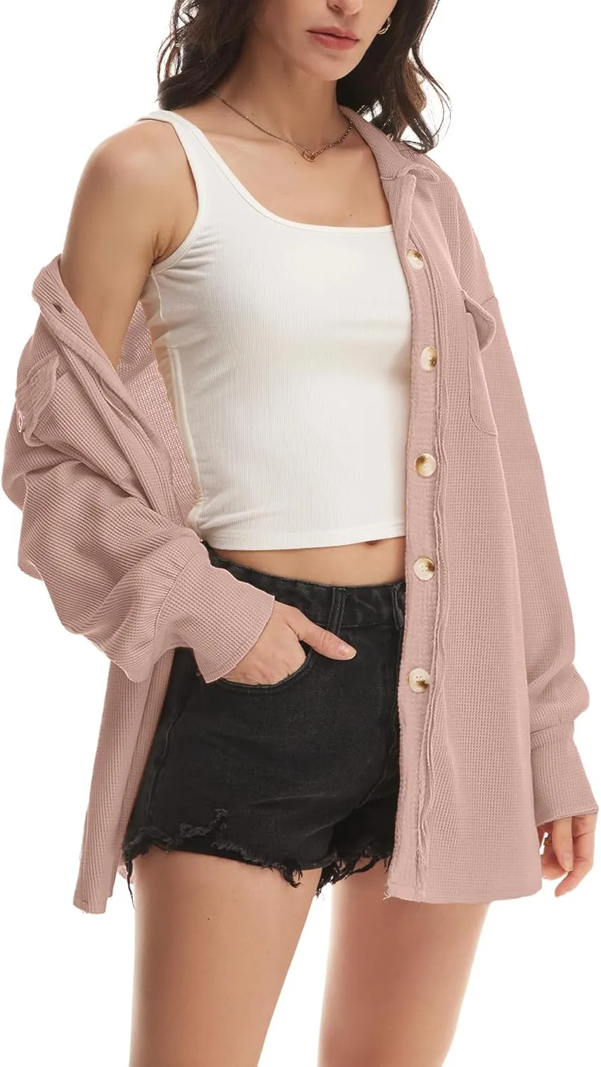 Nirovien Womens Waffle Knit Shacket Oversized Button Down Shirt Jacket Lightweight Spring Outfits Clothes