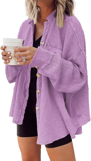 Nirovien Womens Waffle Knit Shacket Oversized Button Down Shirt Jacket Lightweight Spring Outfits Clothes