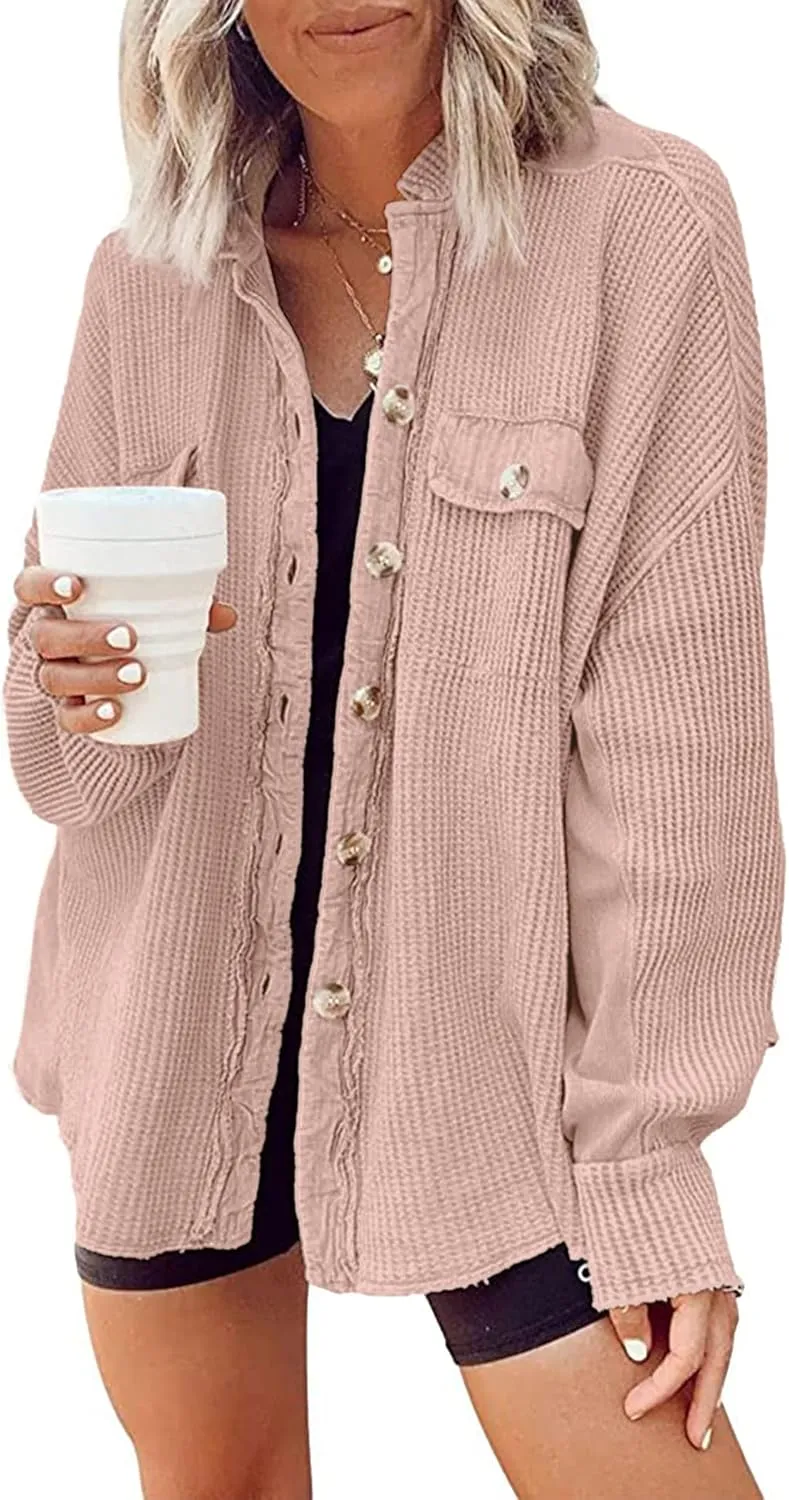 Nirovien Womens Waffle Knit Shacket Oversized Button Down Shirt Jacket Lightweight Spring Outfits Clothes