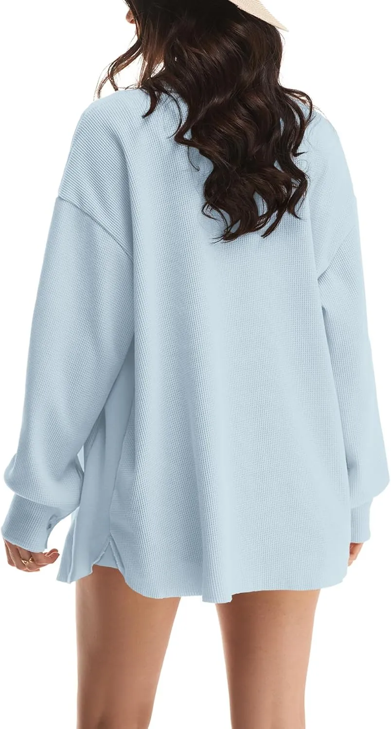 Nirovien Womens Waffle Knit Shacket Oversized Button Down Shirt Jacket Lightweight Spring Outfits Clothes