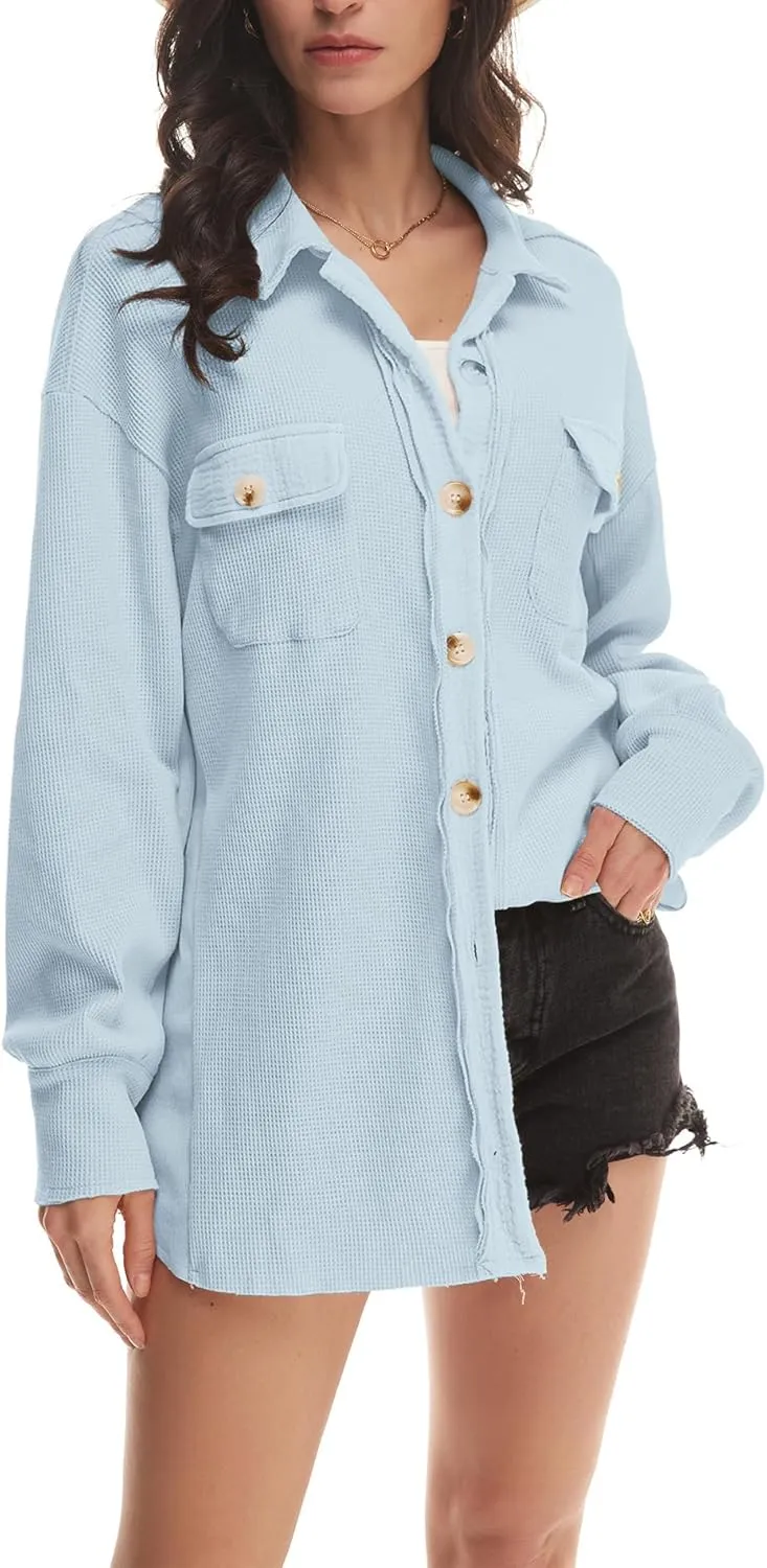 Nirovien Womens Waffle Knit Shacket Oversized Button Down Shirt Jacket Lightweight Spring Outfits Clothes