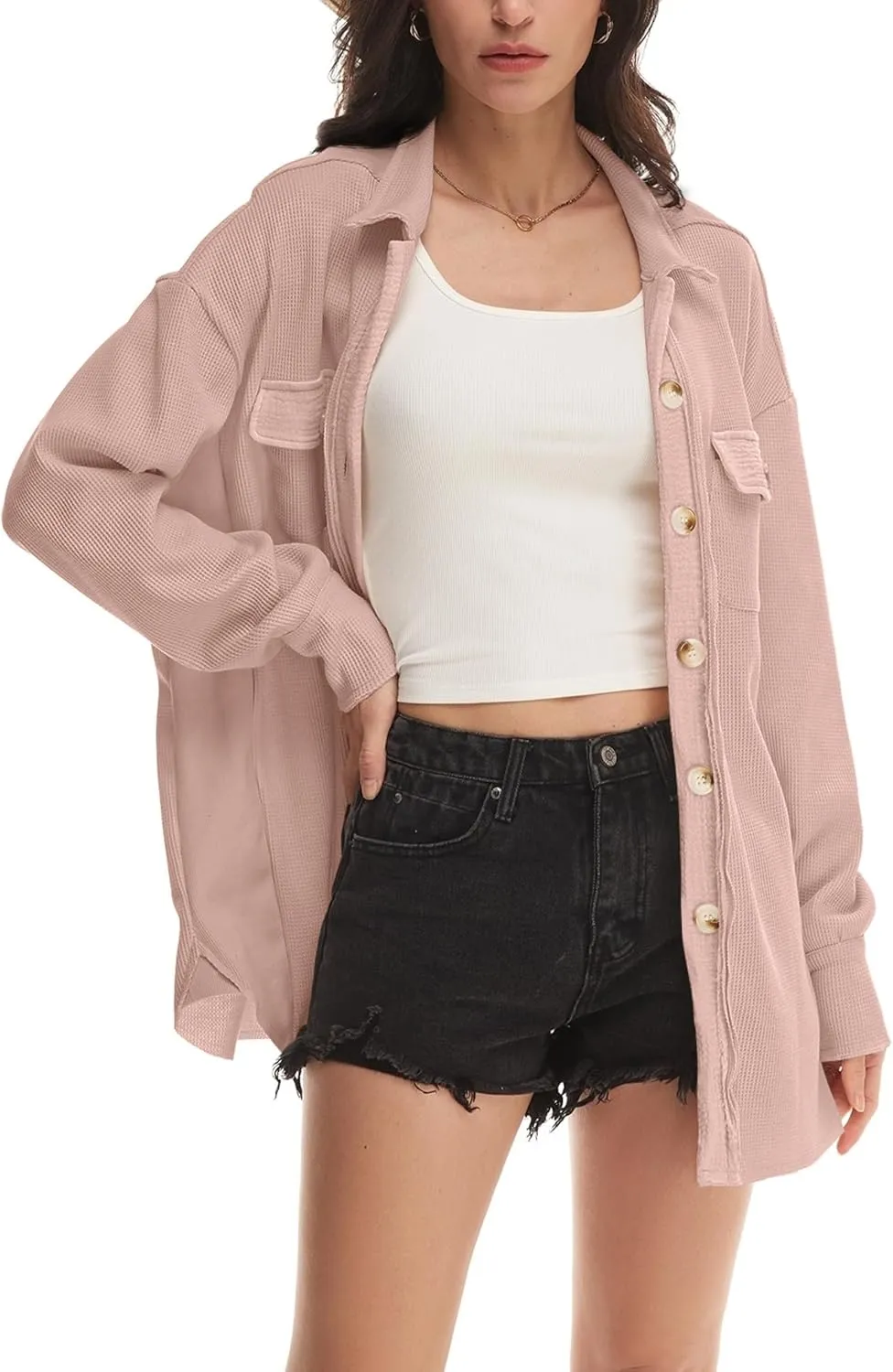 Nirovien Womens Waffle Knit Shacket Oversized Button Down Shirt Jacket Lightweight Spring Outfits Clothes