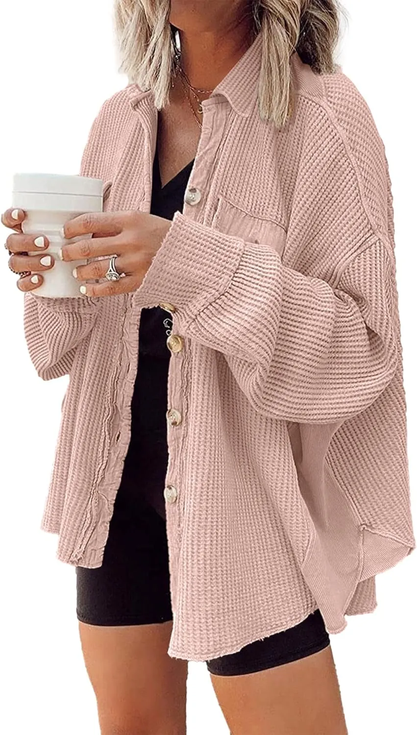 Nirovien Womens Waffle Knit Shacket Oversized Button Down Shirt Jacket Lightweight Spring Outfits Clothes