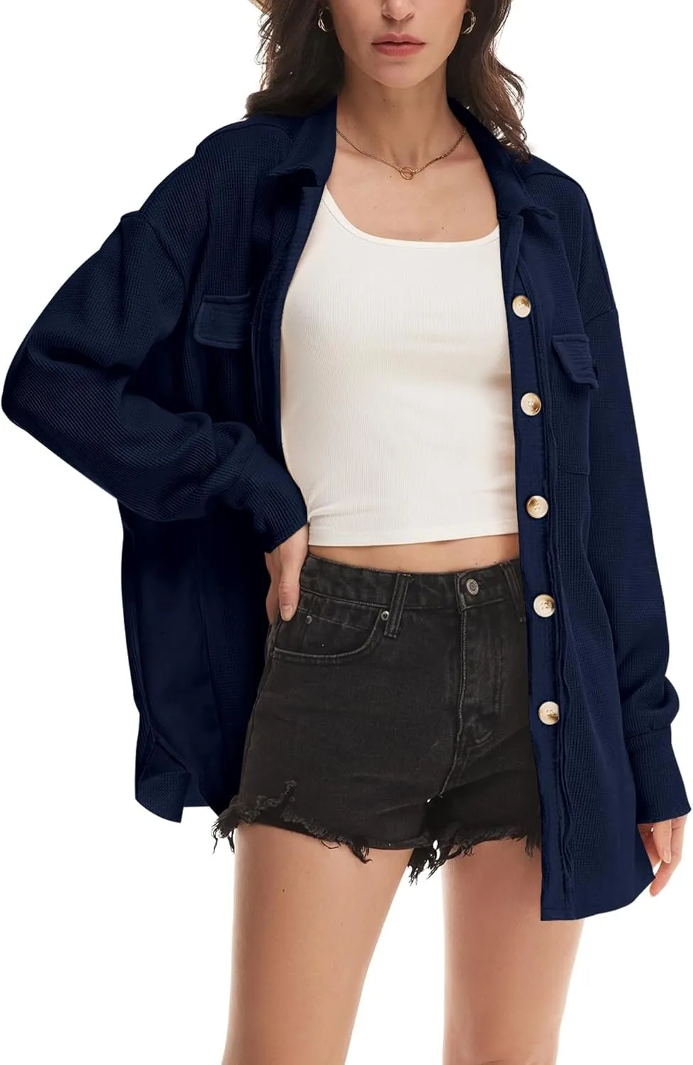 Nirovien Womens Waffle Knit Shacket Oversized Button Down Shirt Jacket Lightweight Spring Outfits Clothes