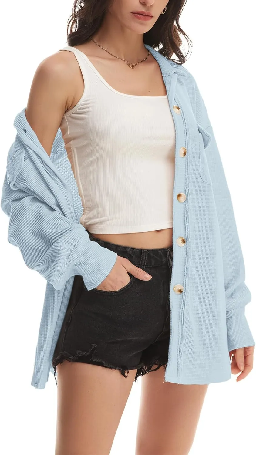 Nirovien Womens Waffle Knit Shacket Oversized Button Down Shirt Jacket Lightweight Spring Outfits Clothes