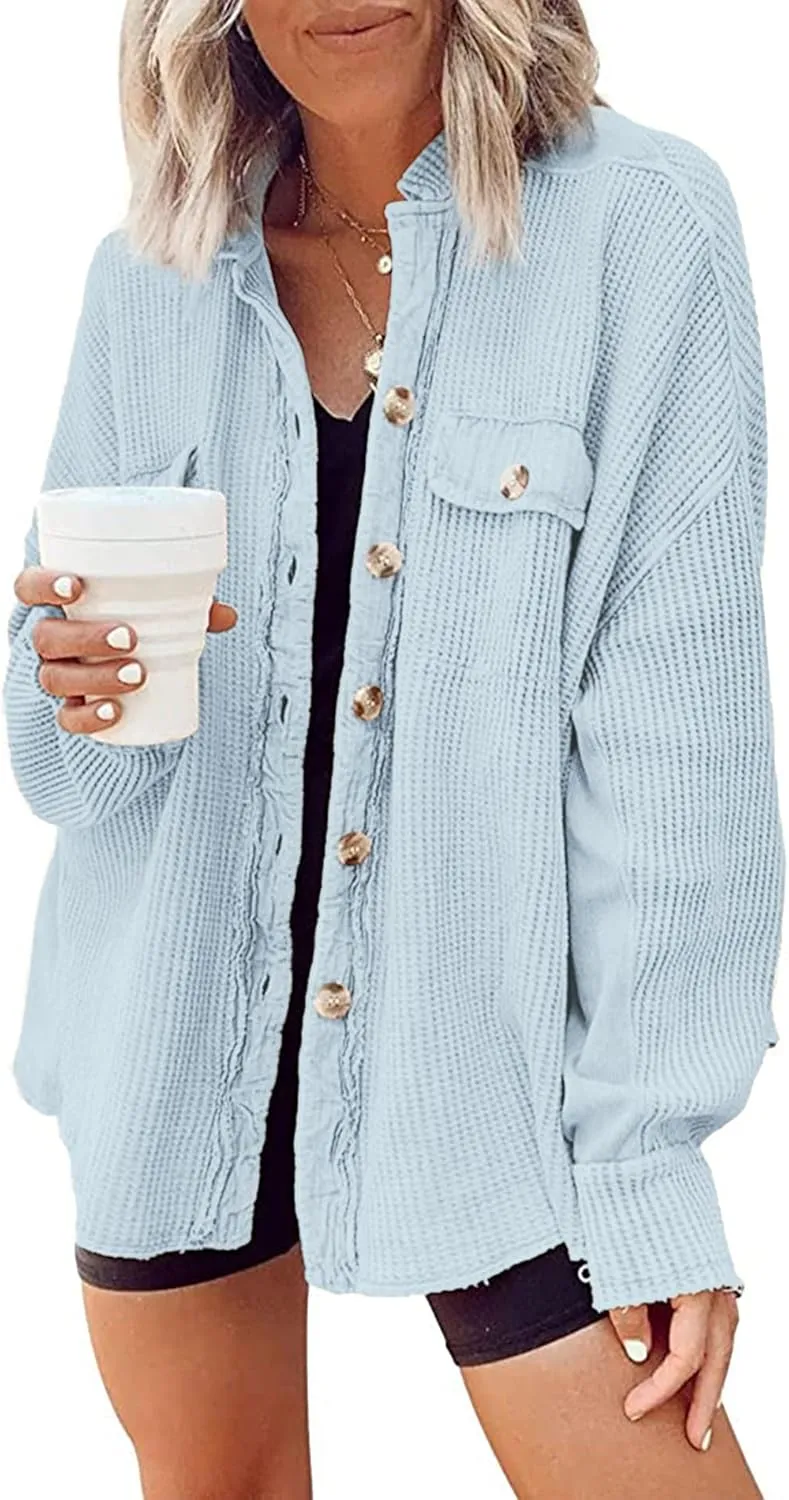 Nirovien Womens Waffle Knit Shacket Oversized Button Down Shirt Jacket Lightweight Spring Outfits Clothes