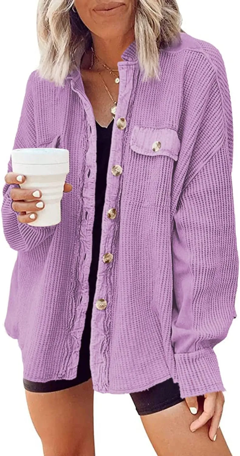 Nirovien Womens Waffle Knit Shacket Oversized Button Down Shirt Jacket Lightweight Spring Outfits Clothes