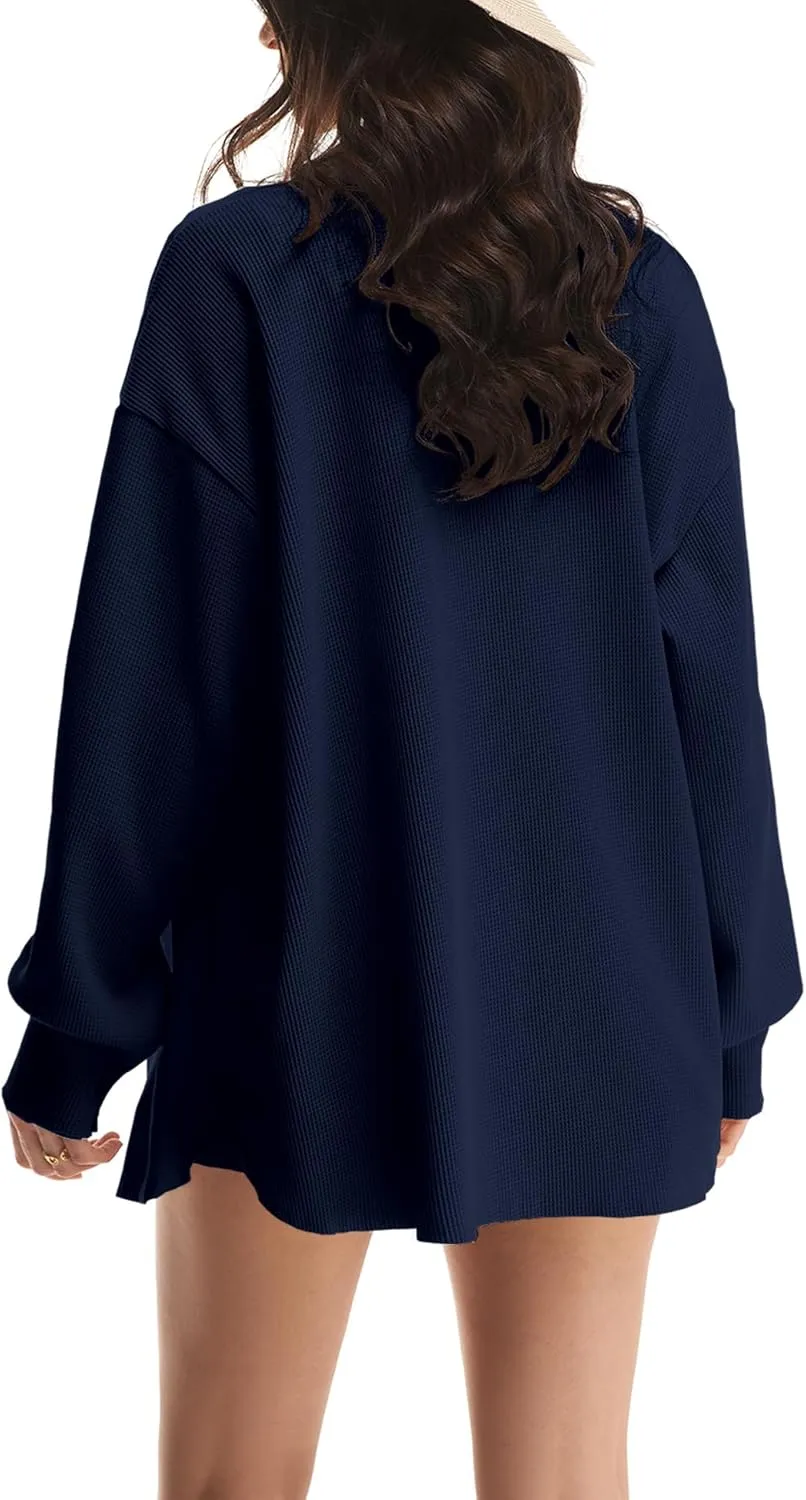 Nirovien Womens Waffle Knit Shacket Oversized Button Down Shirt Jacket Lightweight Spring Outfits Clothes