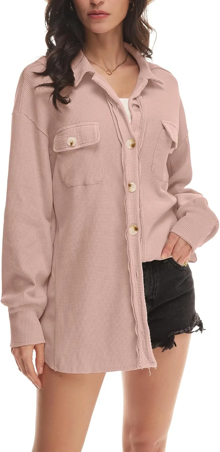 Nirovien Womens Waffle Knit Shacket Oversized Button Down Shirt Jacket Lightweight Spring Outfits Clothes