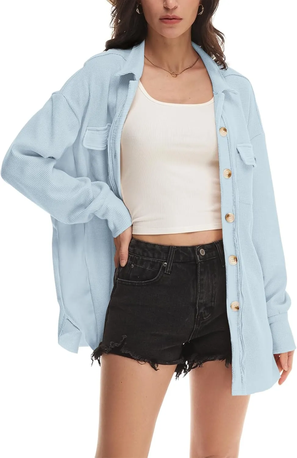 Nirovien Womens Waffle Knit Shacket Oversized Button Down Shirt Jacket Lightweight Spring Outfits Clothes