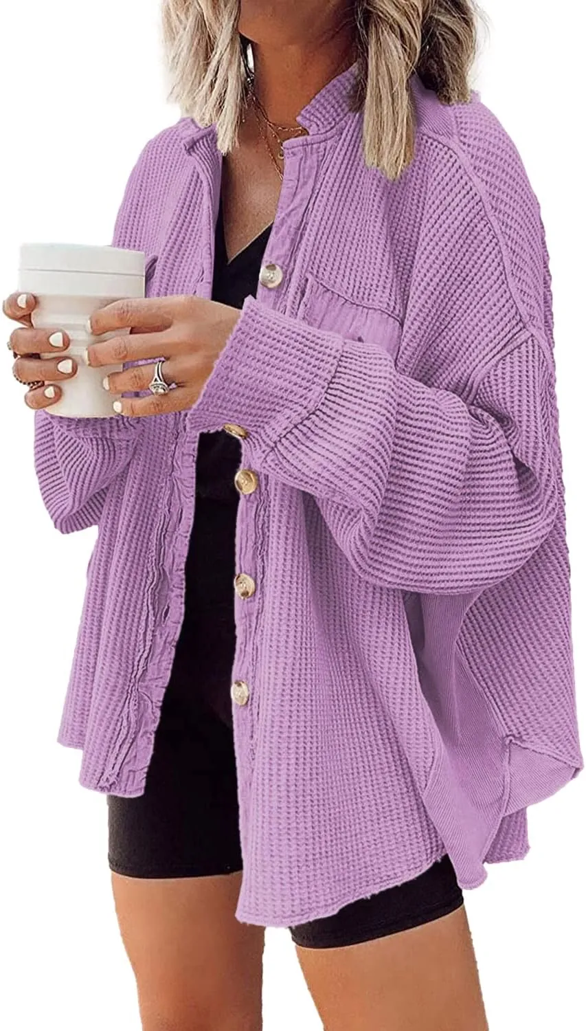 Nirovien Womens Waffle Knit Shacket Oversized Button Down Shirt Jacket Lightweight Spring Outfits Clothes