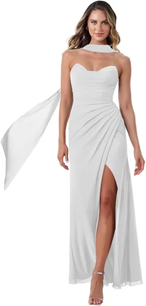 Noras dress Tube Bridesmaid Dresses with Scarf Long with Scarf 2025 Ruched Chiffon A Line Formal Evening Party Dress NO194
