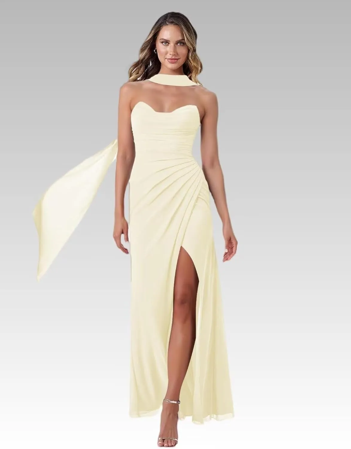 Noras dress Tube Bridesmaid Dresses with Scarf Long with Scarf 2025 Ruched Chiffon A Line Formal Evening Party Dress NO194