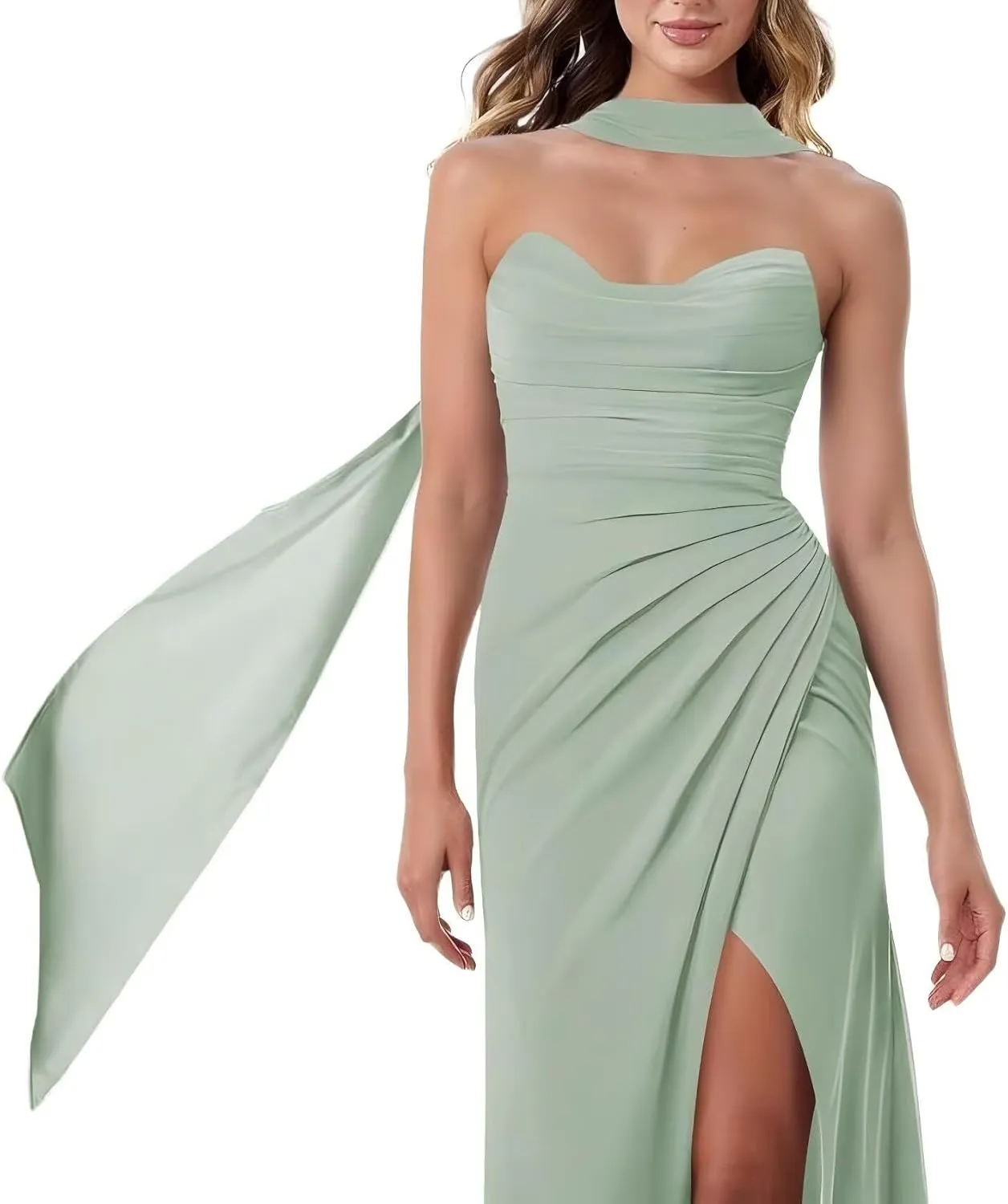 Noras dress Tube Bridesmaid Dresses with Scarf Long with Scarf 2025 Ruched Chiffon A Line Formal Evening Party Dress NO194