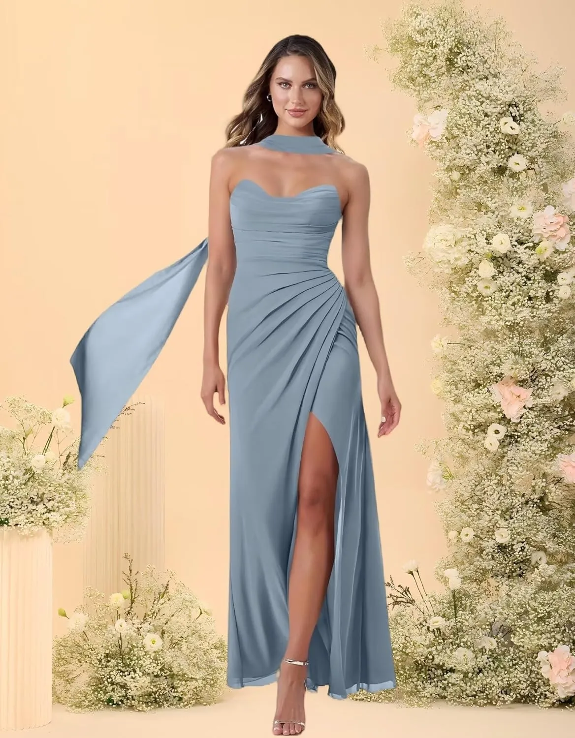 Noras dress Tube Bridesmaid Dresses with Scarf Long with Scarf 2025 Ruched Chiffon A Line Formal Evening Party Dress NO194