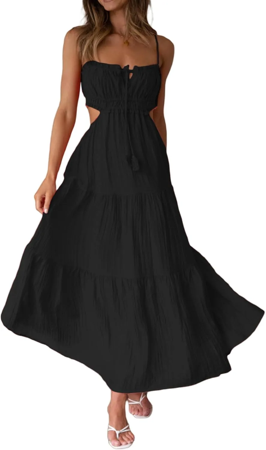 NUFIWI Women Summer Boho Cutout Long Dress Sleeveless Tiered Ruched Boho Cami Dress Flowy Tie Back Beach Sundress
