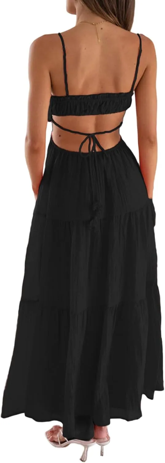 NUFIWI Women Summer Boho Cutout Long Dress Sleeveless Tiered Ruched Boho Cami Dress Flowy Tie Back Beach Sundress