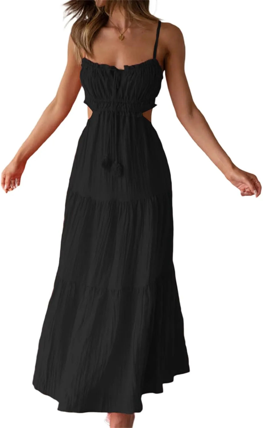 NUFIWI Women Summer Boho Cutout Long Dress Sleeveless Tiered Ruched Boho Cami Dress Flowy Tie Back Beach Sundress