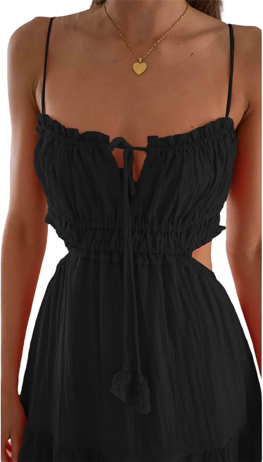 NUFIWI Women Summer Boho Cutout Long Dress Sleeveless Tiered Ruched Boho Cami Dress Flowy Tie Back Beach Sundress