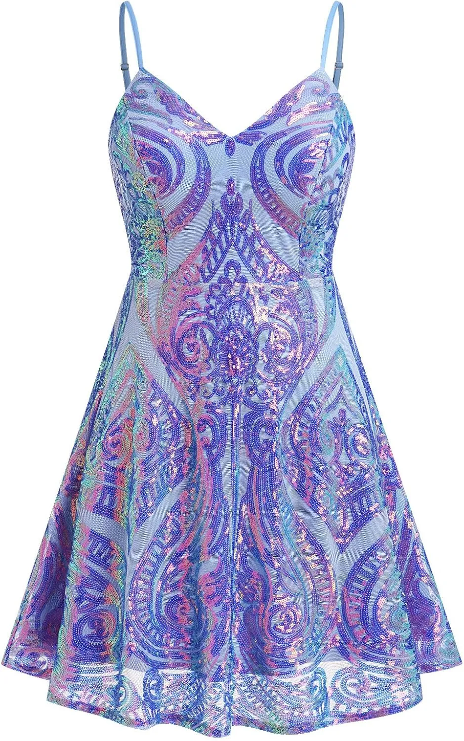ODIZLI Women's Spaghetti Straps Sparkly Sequins A Line Swing Party Nightclub Dance Mini Dress Above Knee Length