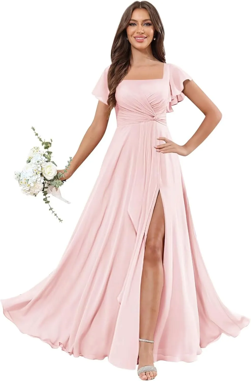 OFEECHUN Women's Flutter Sleeve Bridesmaid Dresses with Slit Square Neck Chiffon Long Evening Formal Gown