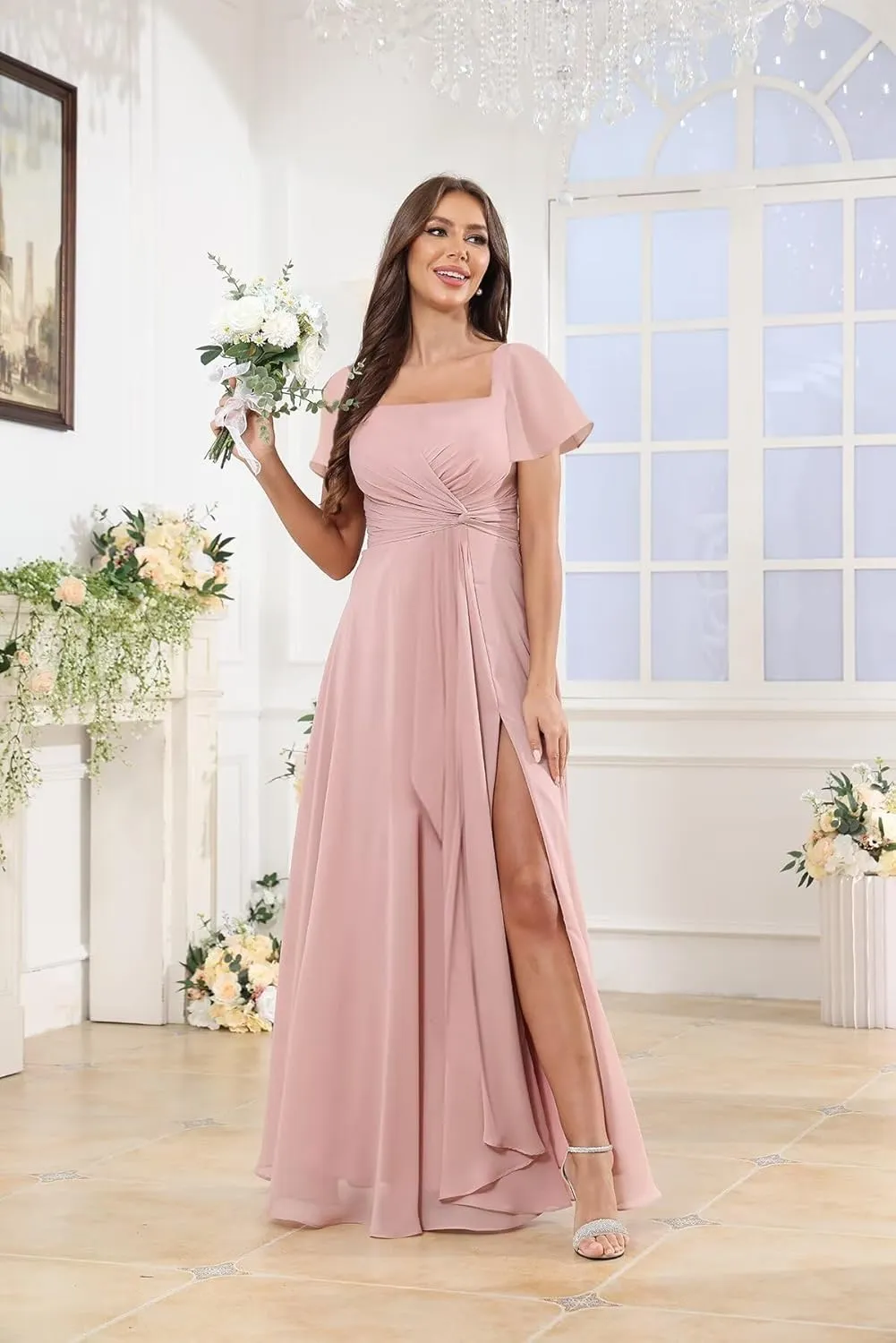 OFEECHUN Women's Flutter Sleeve Bridesmaid Dresses with Slit Square Neck Chiffon Long Evening Formal Gown