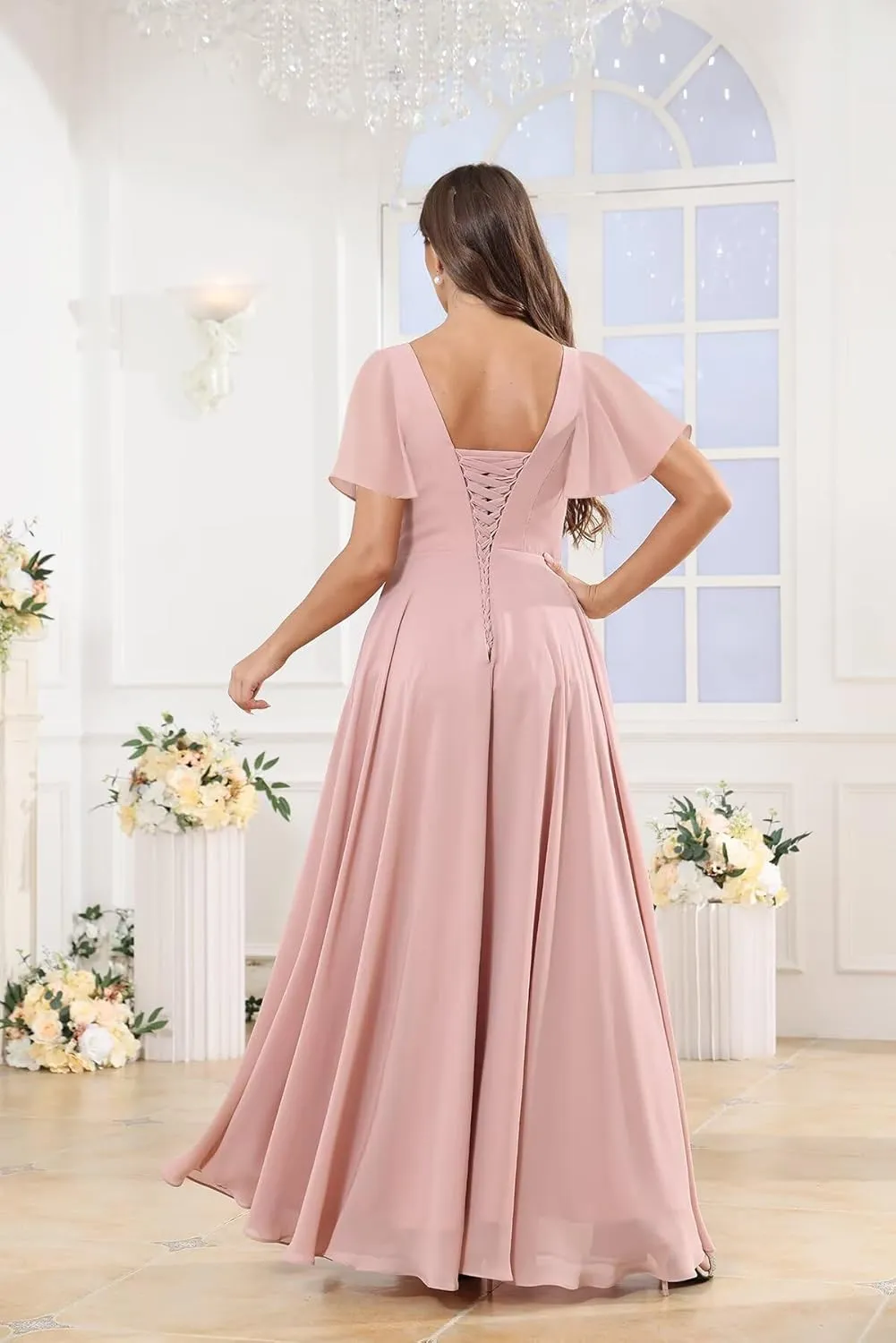 OFEECHUN Women's Flutter Sleeve Bridesmaid Dresses with Slit Square Neck Chiffon Long Evening Formal Gown