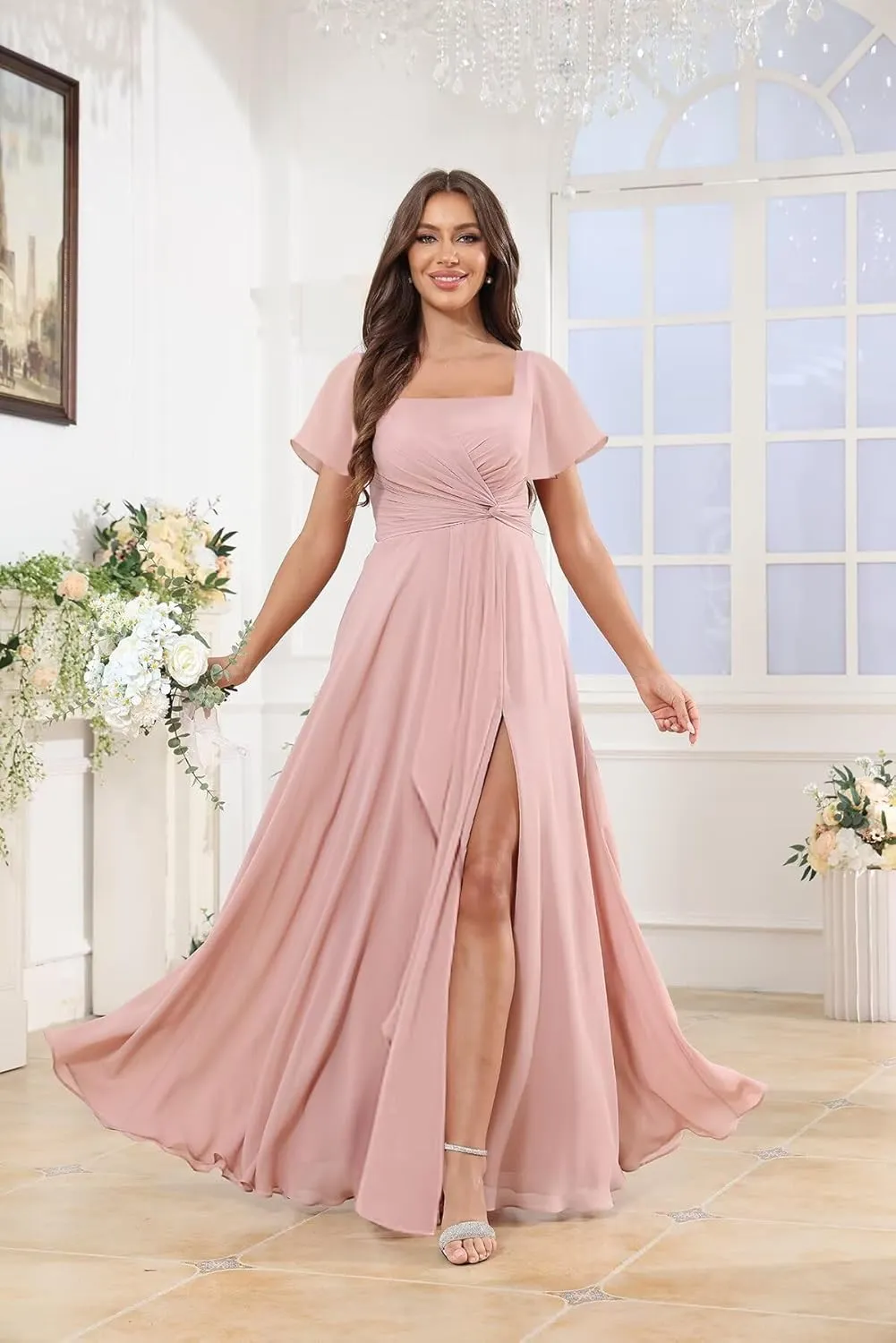 OFEECHUN Women's Flutter Sleeve Bridesmaid Dresses with Slit Square Neck Chiffon Long Evening Formal Gown
