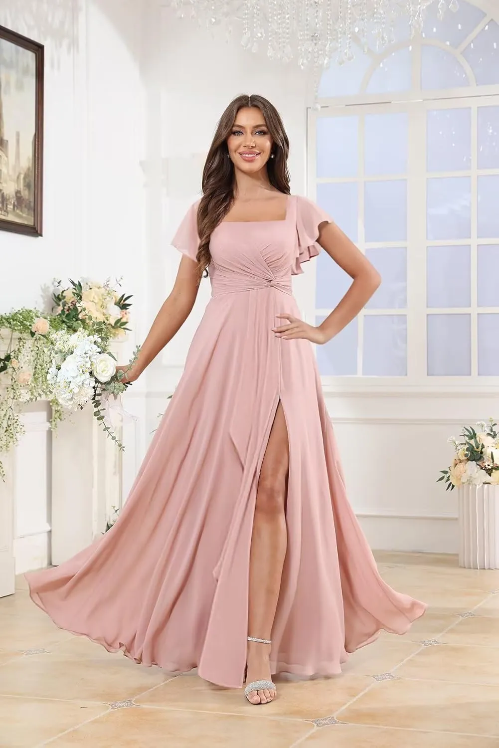 OFEECHUN Women's Flutter Sleeve Bridesmaid Dresses with Slit Square Neck Chiffon Long Evening Formal Gown