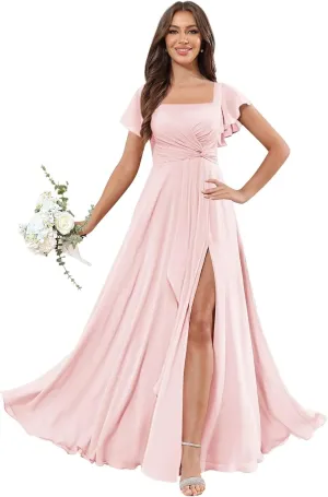 OFEECHUN Women's Flutter Sleeve Bridesmaid Dresses with Slit Square Neck Chiffon Long Evening Formal Gown