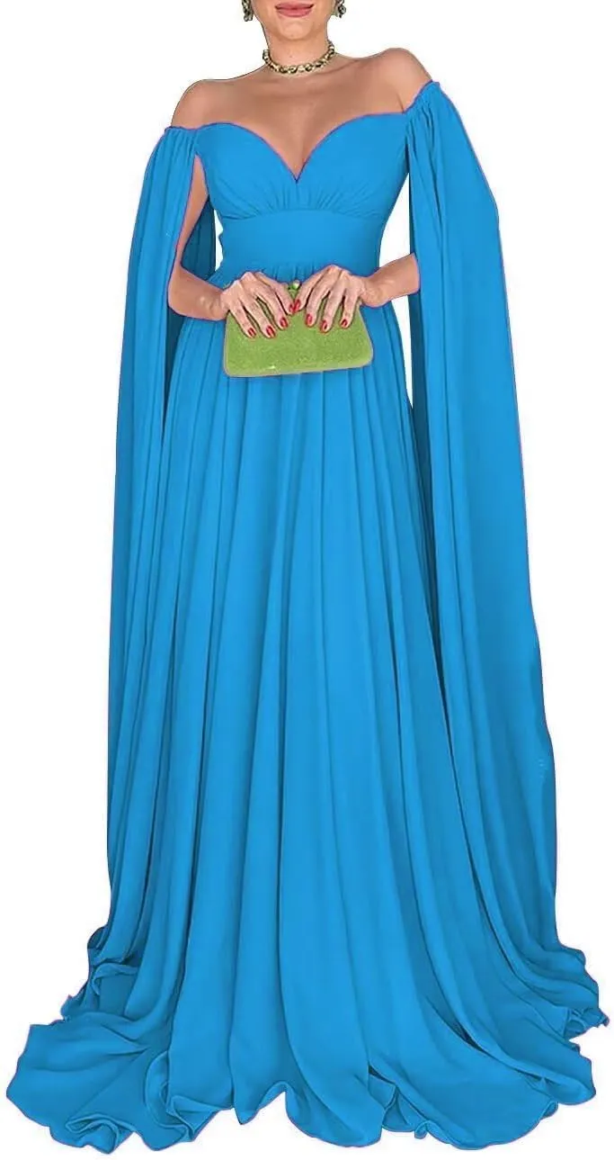 Off Shoulder Prom Dresses with Cape Sleeve for Women Long Chiffon Formal Evening Gowns A-Line Wedding Guest Dress LA80