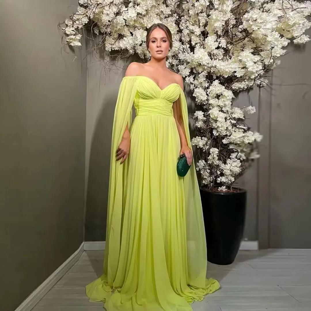 Off Shoulder Prom Dresses with Cape Sleeve for Women Long Chiffon Formal Evening Gowns A-Line Wedding Guest Dress LA80