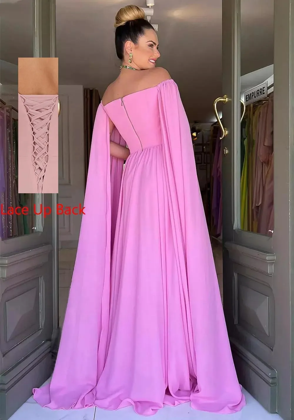 Off Shoulder Prom Dresses with Cape Sleeve for Women Long Chiffon Formal Evening Gowns A-Line Wedding Guest Dress LA80